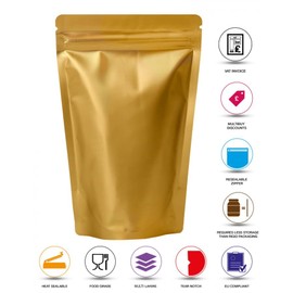 RIGHTPAK Stand Up Pouch Gold Matt 100 Pieces 11cm x 17cm Resealable Ziplock with Tear Notch for Food Storage, Heat Sealable