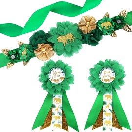 JOYMEMO Green and Gold Jungle Animals Baby Shower Maternity Sash Kit - Safari Animal Baby Shower Belly Belt and Mom to Be & Dad to Be Corsage Pins, Pregnancy New Parents Photo Props Party Supplies
