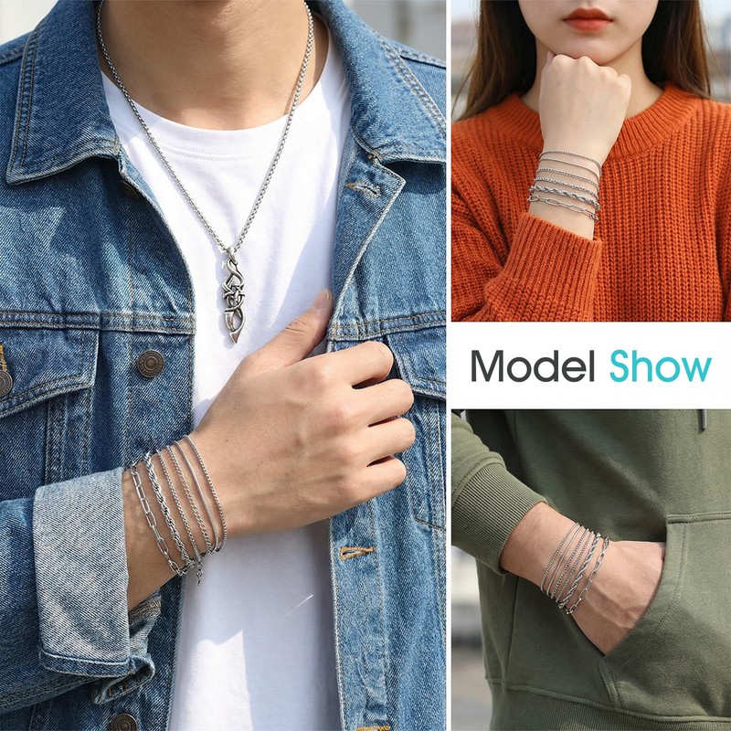 Molain 6Pcs Stainless Steel Chain Bracelets for Men Women