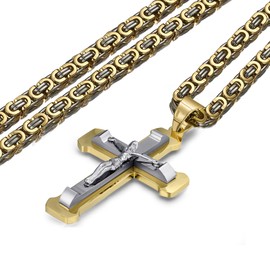 FULULAY Men's Stainless Steel Large Jesus Christ Crucifix Cross Pendant Necklace With Byzantine Chain 22 24 26 inch,Gold