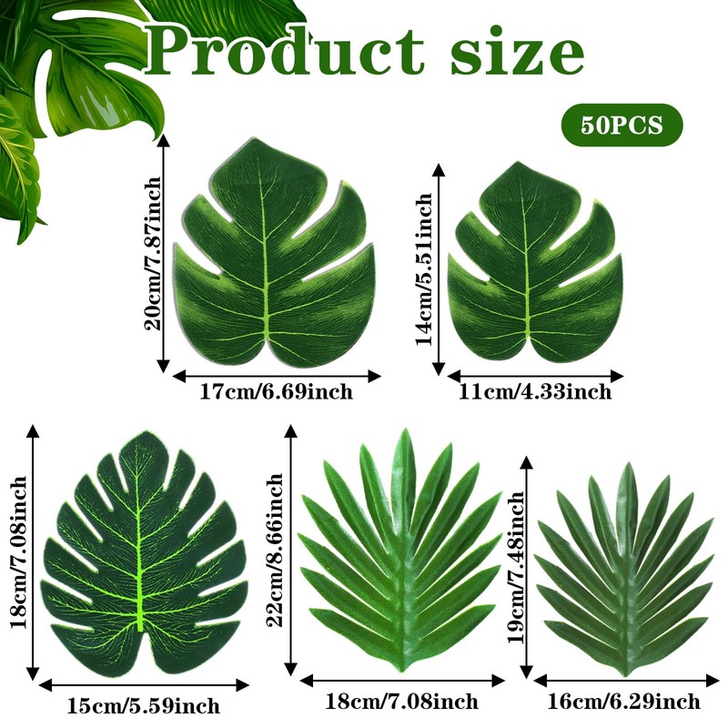Axafazup 50Pcs Artificial Tropical Palm Leaves, 5 Size Fake Monstera