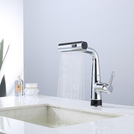 GICASA Bathroom Sink Faucet, Bathroom Faucet with Pull Out Sprayer, LED Temperature Display Liftable Bathroom Faucet, Faucet for Bathroom Sink, Waterfall Bathroom Faucet Chrome