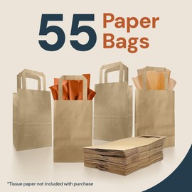 Reli. 5.25x3.25x8 in. Small Paper Bags with Handles | 55 Pack | Kraft Brown Paper Bags with Flat Handles | Ideal for Gifts, Retail, Shopping, Merchandise, Crafts