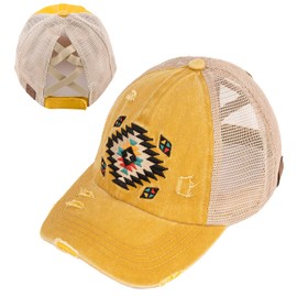 Funky Junque Criss Cross Hat Womens Baseball Cap Distressed Ponytail Messy Bun Trucker Ponycap, Aztec Design - Yellow, One Size