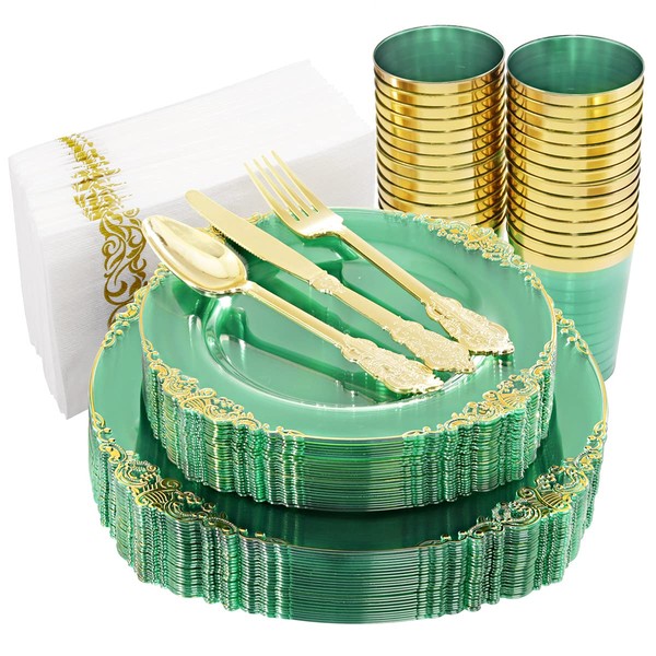 Hioasis 175pcs Clear Green Plastic Plates&Disposable Gold Plastic Silverware include 25 Dinner Plates 25 Dessert Plates 25Knives 25Forks 25Spoons 25Cups 25Napkins Perfect for Wedding&Parties