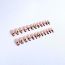 Press on Square Nails Medium Length Glossy Full Cover Acrylic French False Nails with Leopard Designs Artificial Square Shaped Fake Nails with Charms Glue ons Nails Stick on Fingernails for Women