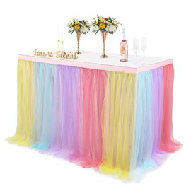 6FT Rainbow Tulle Table Skirts for Rectangle Tables or Round Table Cover with Skirt Princess Rainbow Ruffle Tulle Tutu TableSkirt for Baby Shower Girls Birthday Party Wedding Pastel Tutu Tablecloth