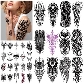 Mix Tribal Temporary Tattoos for Adults, 77 Sheets Black Tribal Fake Tattoos Waterproof Realistic Half Arm Body Art Stickers for Men Women Boy