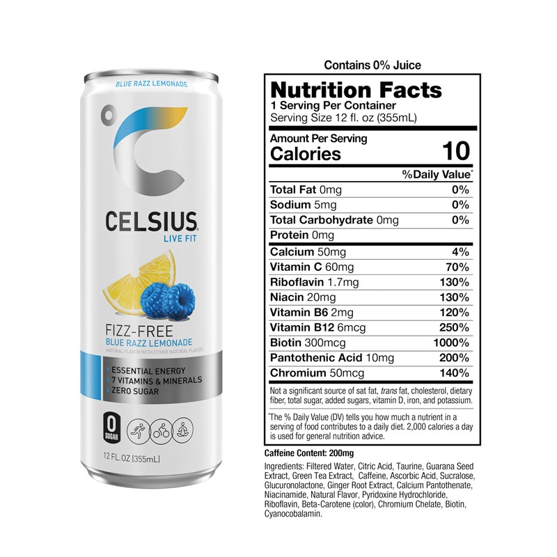CELSIUS Fizz Free Blue Razz Lemonade, Sugar Free Energy Drink,