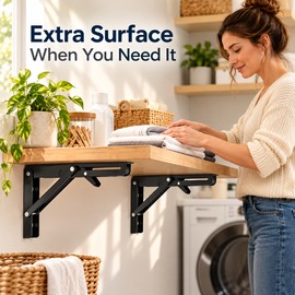 2 Pack 6 Inch Folding Shelf Brackets, 90° Metal Wall Mount Collapsible Supports with Mounting Hardware