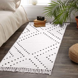 HAOCOO Boho Bathroom Runner Rug 2’ X 4.3’ , Washable Woven Cotton Diamond Area Rug ,Black and White Chic Moroccan Tribal Tassel Kitchen Rug ,Throw Floor Mat Carpet Decorative for Living Room Bedroom