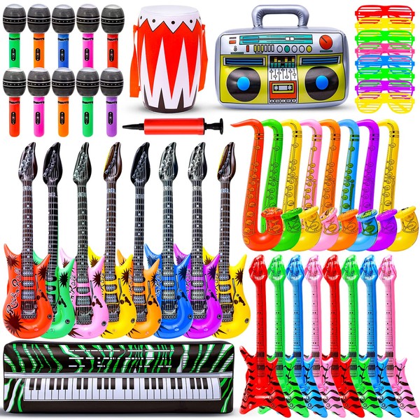 Max Fun Inflatable Rock Star Toy Set, 48pcs Inflatable Party Props for Kids 80s 90s Party Decorations Inflatable Guitars Inflate Rock Band Assortment Party Favors (Random Color)