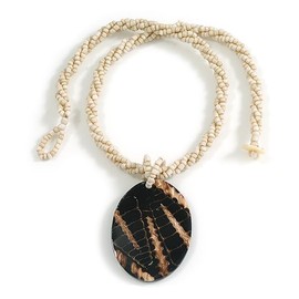 Oval Shell Pendant Antique White Glass Bead Twisted Rope Necklace in Black/Brown - 44cm Long
