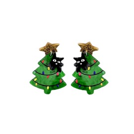 Christmas Tree Glitter Acrylic Earrings Cute Cat Star Colorful Xmas Festival Holiday Jewelry Gift-cat green