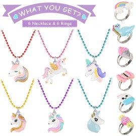 Yocharm 12 PCs Kids Necklaces Rings for Girls Sparkling Rainbow Unicorn Party Favors Birthday Gifts Dress up & Pretend Play Necklace Toddler Costume Jewelry for Little Girls