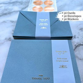 RUN2PRINT (36 Pack Thank You Cards With Envelopes & Stickers - Elegant Dusty Blue - Emboss Gold Foil Pressed - Blank Notes Wedding, Bridal, Baby Shower, Business and Formal All Occasion Cards
