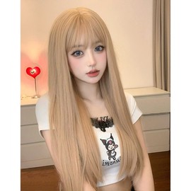 Eileen Semi-Long Beige Wig, Ladies Hairpiece, Straight, Natural, Harajuku Style, Popular, Face Slimming, Cute, Includes Net