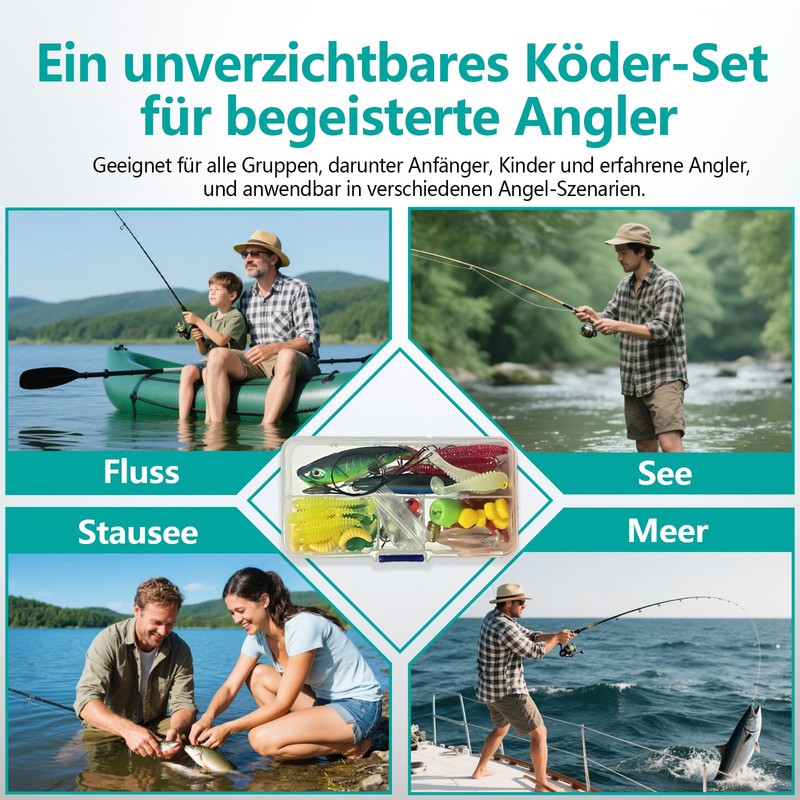 Angeln Köder Set mit Köderbox für Hecht,Zander,Forelle,Barsch,Angelzubehör - Gemischt Kunstköder,Gummifische,Spinner,VIB,Oberflächenköder,Popper,jigheads