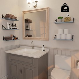 COCOYA Wall Shelves 7.3" Deep Set of 3, Solid Paulownia Wood Wider Longer Sturdy Easy to Install Wall Mounted Bookshelves Storage Shelves Bathroom Home Office Laundry Room Bedroom Organizer Gray