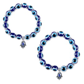 Bojueshaw 2PCS Blue Evil Eye Bracelet - Hand & Demon Eye Beaded Charm Bracelet, Comfortable Wear, Ideal for Couples, Lucky Protection Gift