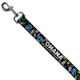 Dog Leash Ohana Means Family Stitch Scrump Poses Tropical Flora Black 4 Feet Long 1.5 Inch Wide