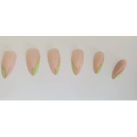 Almond Medium Press on Acrylic False Nails, Pink, Black and Yellow French fake Nails Tips for Women and Girls, Reusable Nails With Glue Nails Kit (green and glossy)