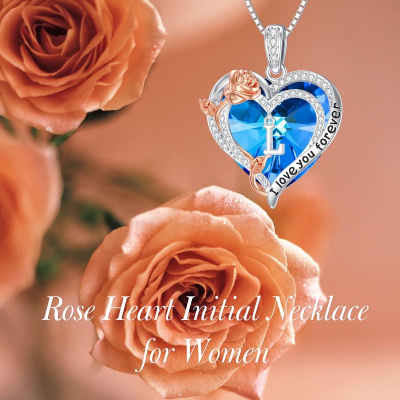 enjoylifecreative Rose Heart Initial Necklace for Women 925 Sterling Silver
