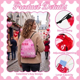 Bafeil 12 Pcs Valentines Day Drawstring Bags Bulk Reusable Heart Gift Goodie Treat Bags Backpack for School Wedding Holiday Valentine's Party Favors Decoration
