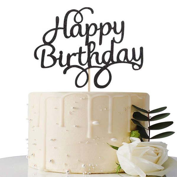 Black Glitter Happy Birthday Cake Topper, Birthday Party Decorations
