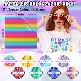 TECKWRAP Metallic Holographic Heat Transfer Vinyl - 8 Sheets 12"X12" Iron On Vinyl for T-Shirts, Clothes, Bags, Pillows and More, Compatible with Most Cutter Machines