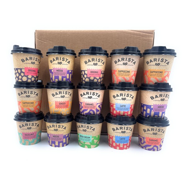 Coffee Gift Set | Travel Coffee Takeout Cups Gift Sets | 15 X Flavoured Mini Instant Coffee Collection | Cappuccino, Vanilla, Latte, Caramel, Hazelnut, Original, Mocha, Ginger | Coffee Lovers Gifts
