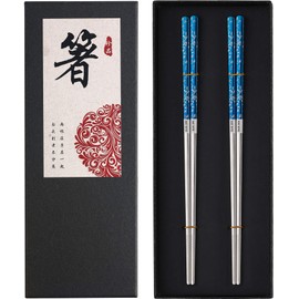 Titanium Plated Chopstick Stainless Steel Chopsticks Metal Chopsticks Reusable Dishwasher safe Premium Laser Engraved Chop Sticks for Eating 2 Pairs Gift Set Blue Silver