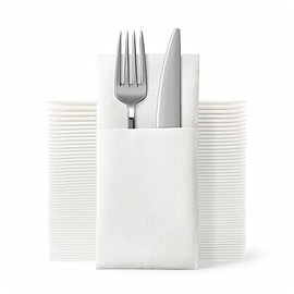 JEBBLAS Disposble Cloth Like Napkins Built-in Flatware Pocket,Wedding Party Linen Feel White Napkin, Prefolded for Silverware,50 Count