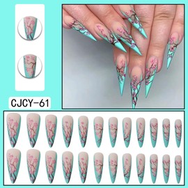 Press on Nails Pointed Almond Glossy Full Cover Acrylic Almond Medium Length French False Nails with Pink Floral Designs Artificial Fake Nails Glue ons Nails Stick on Fingernails for Women
