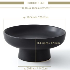 Denique Black Ceramic Fruit Bowl for Kitchen Counter, 10inch Decorative Pedestal Bowl for Home Décor Table Countertop Centerpiece, Round Large Bowls, Ceramic Fruit Stand Snack Bowls