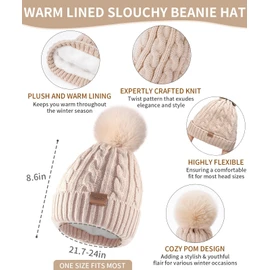 Women Beanie Hat Scarf Gloves Set, 3 PCS Winter Warm Pom Pom Beanie Hat Skull Cap Long Knit Neck Scarf & Touchscreen Gloves Set for Cold Weather, Christmas Holiday Gifts for Mom Wife Friend Sister Her