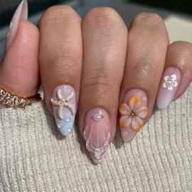 24Pcs 3D Flower Press on Nails Medium Almond Fake Nails Beach French Tip False Nails with Design Full Cover Starfish Artificial Glue on Nails Spring Summer Acrylic Nails Embossed Flower Stick on Nails