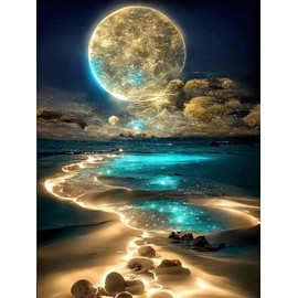 5D Diamond Painting Set for Adults, Luminous Moon and Beach Motif, DIY Full Drill Diamond Painting Kit for Beginners, Moonlight by the Sea, Full Drill Painting, for Bedroom, Wall Decoration (30 x 40