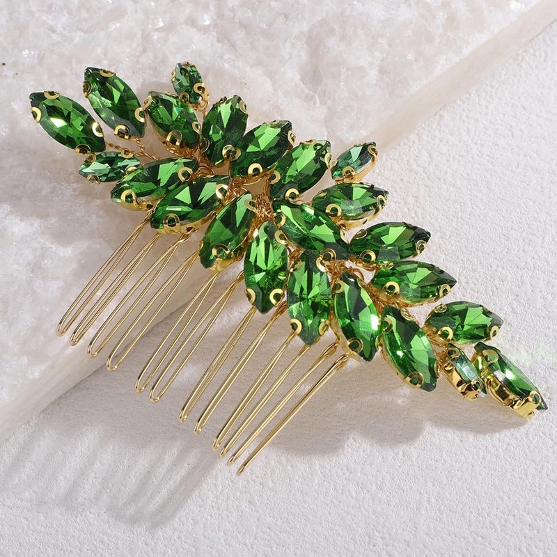 Lenjicons Sparkling Green Rhinestone Hair Comb Gold Wedding Hair Accessories