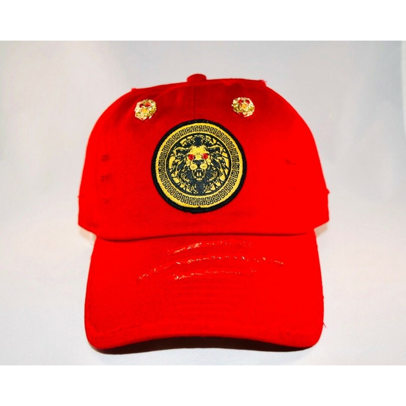 Damier Langevinè® Designer Trendy Distressed Fire Red Baseball Cap Lion