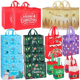 20 Pack Christmas Gift Bags Assorted Sizes, Reusable Heavy Duty Tote Bags with Handles - 4 Extra Large, 8 Large, 4 Medium, 4 Small, Christmas Bags for Gifts, Holiday Shopping, Xmas Party Favors
