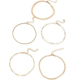 Set of 5 Gold Plated Chain Anklets for Women with Adjustable Extension, Minimalist Anklet Bracelet Set Featuring Paperclip, Rope, and Curb Chains for Layering, Summer Fashion, or Beach Jewelry Looks