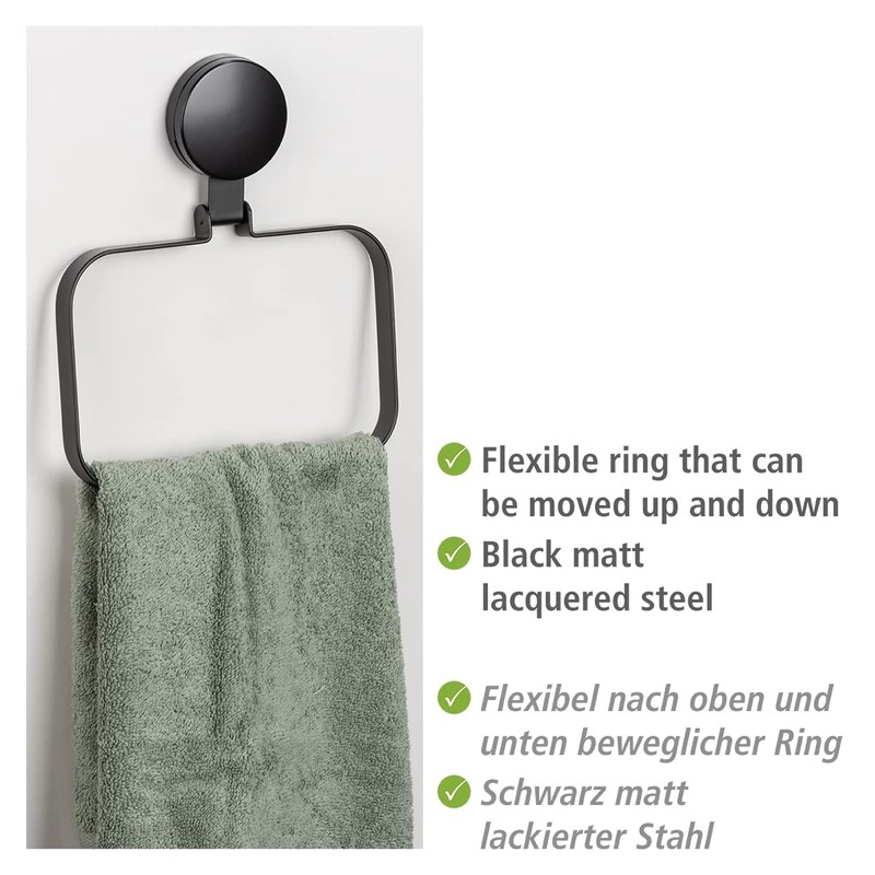 WENKO Static-Loc® Plus Pavia Black Towel Rail, Attachment without Drilling,