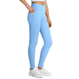 JOCMIC Girls Athletic Leggings Cross High Waist for Kids Yoga Dance Gym Pants with Pocket Blue 7-8 Years