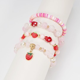 Briutn Strawberry Charm Bracelet Set Pink Heishi Beaded Bracelets Summer Stack Jewelry