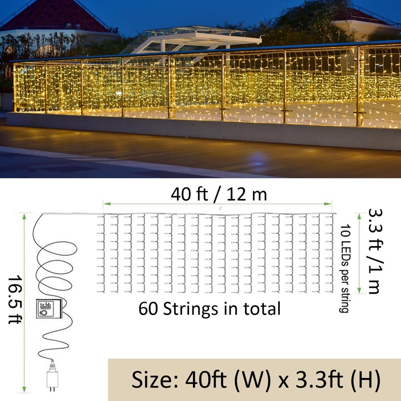 Solhice LED Curtain Lights Outside 40ft x 3ft for Backyard,