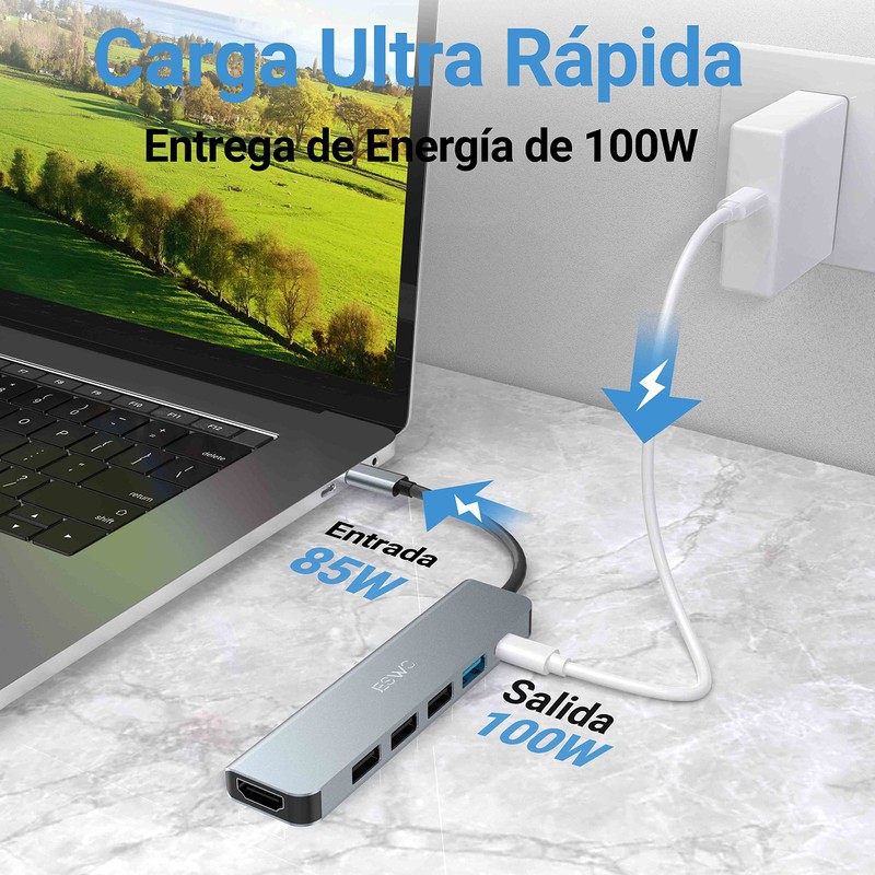 JESWO USB C HUB, 6 en 1 Adaptador Multipuerto USB