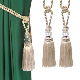 Fenghuangwu - 2 alzapaños de cortina de borla hechos a mano, elegantes soportes de cortina de cristal para decoración del hogar y la oficina, color beige