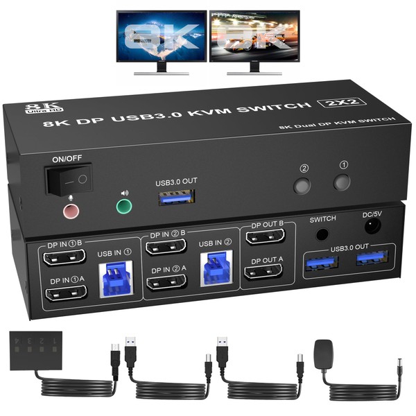 8K USB 3.0 Displayport KVM Switch 2 Monitors 2 Computers