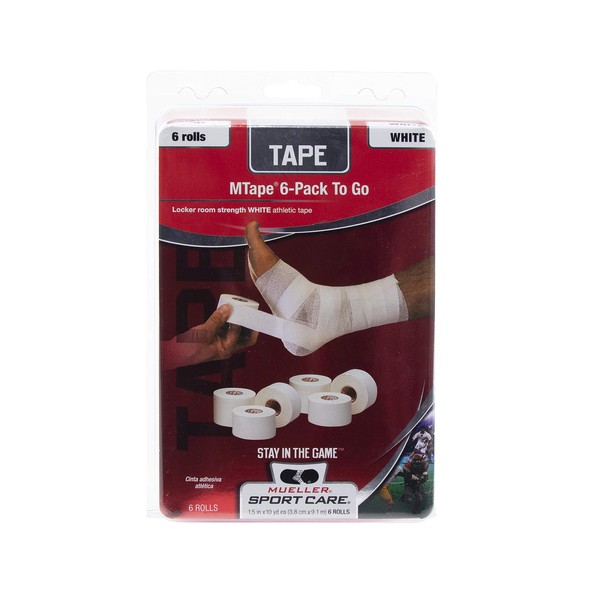MUELLER Athletic Tape, 1.5" x 10yd Roll, White, 6 Pack